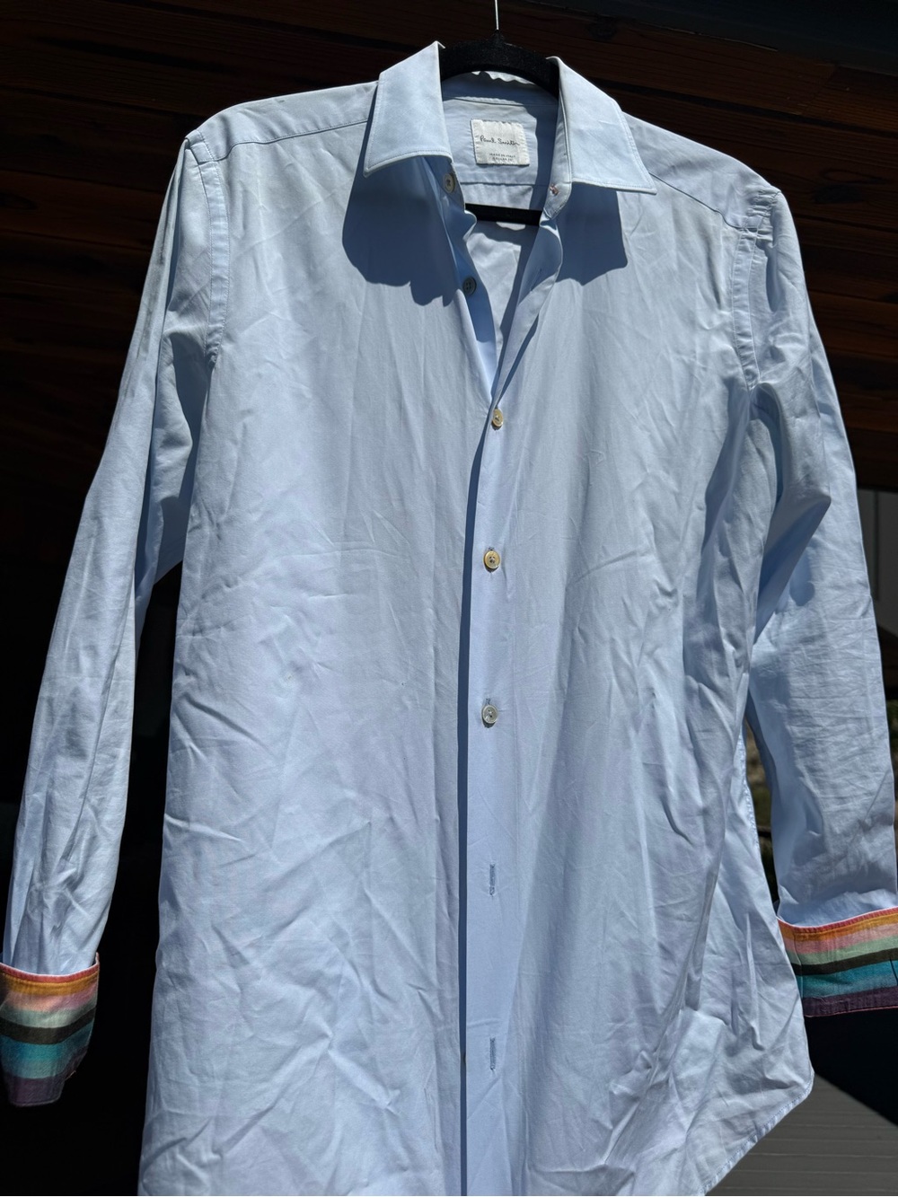 Paul Smith Pale Blue Long-Sleeve Shirt with Multicolor Stripe Cuffs